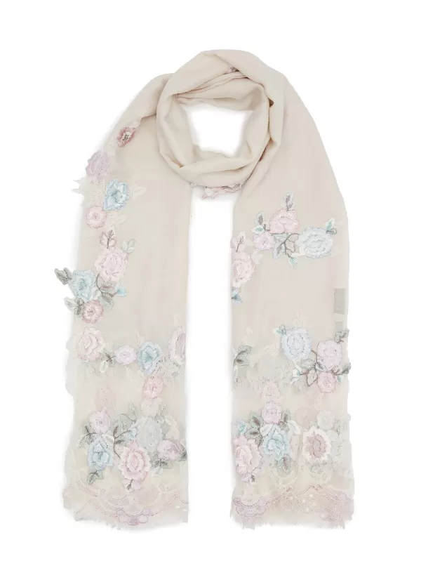 Scarves & Wraps>LANE's Silk Cashmere Blend Floral Trim Scarf