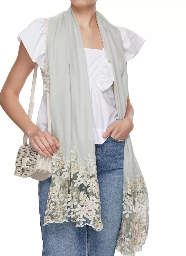 Scarves & Wraps>LANE's Silk Cashmere Blend Floral Trim Scarf