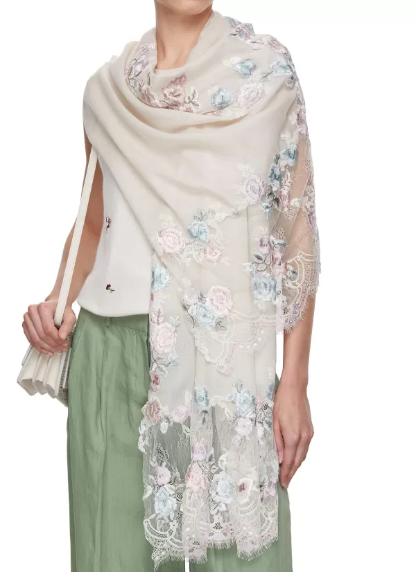 Scarves & Wraps>LANE's Silk Cashmere Blend Floral Trim Scarf