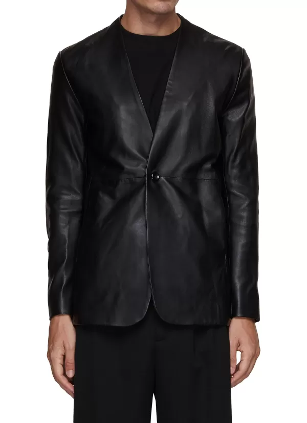 Jackets>ATTACHMENT Single Breasted Collarless Leather Blazer