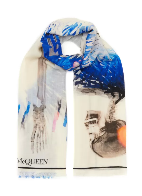 Scarves & Wraps>ALEXANDER MCQUEEN Skeleton Print Fringed Wool Scarf