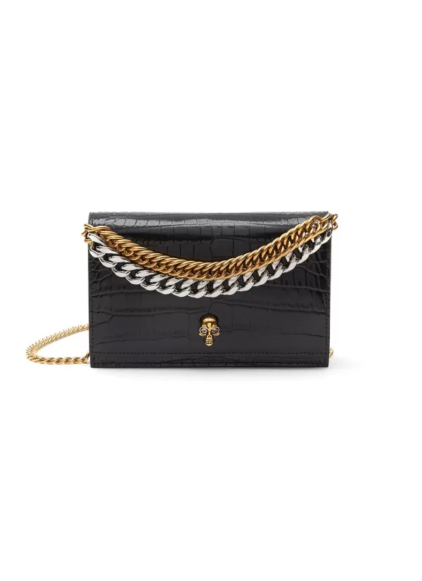 Crossbody>ALEXANDER MCQUEEN Skull Applique Croc Effect Leather Chain Crossbody Bag