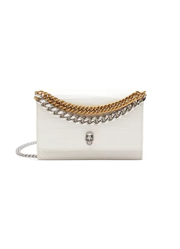 Crossbody>ALEXANDER MCQUEEN Skull Applique Croc Effect Leather Chain Crossbody Bag