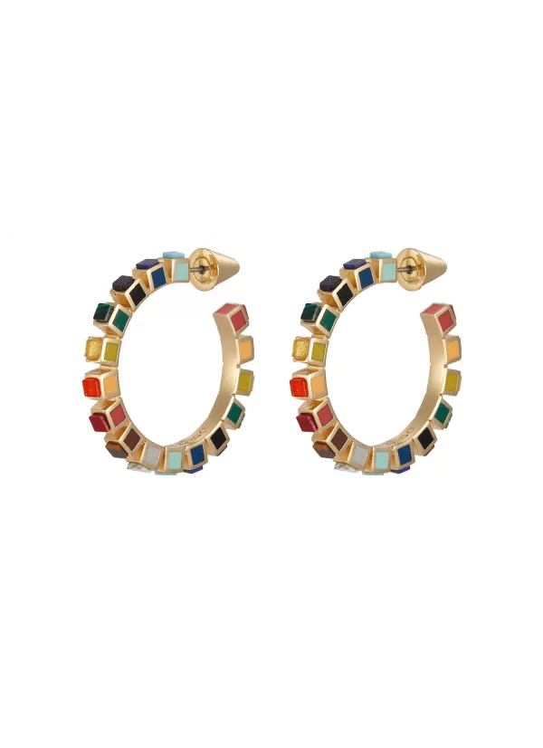 Fashion Jewellery>EDDIE BORGO Small Inlaid Cube12K Gold Plated Metal Hoop Earrings