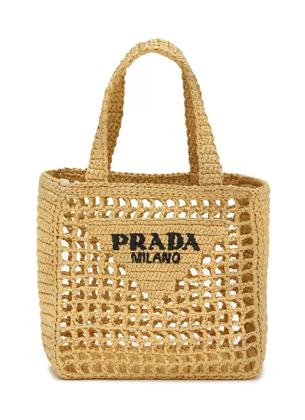 Tote Bags>PRADA Small Triangular Logo Raffia Tote Bag