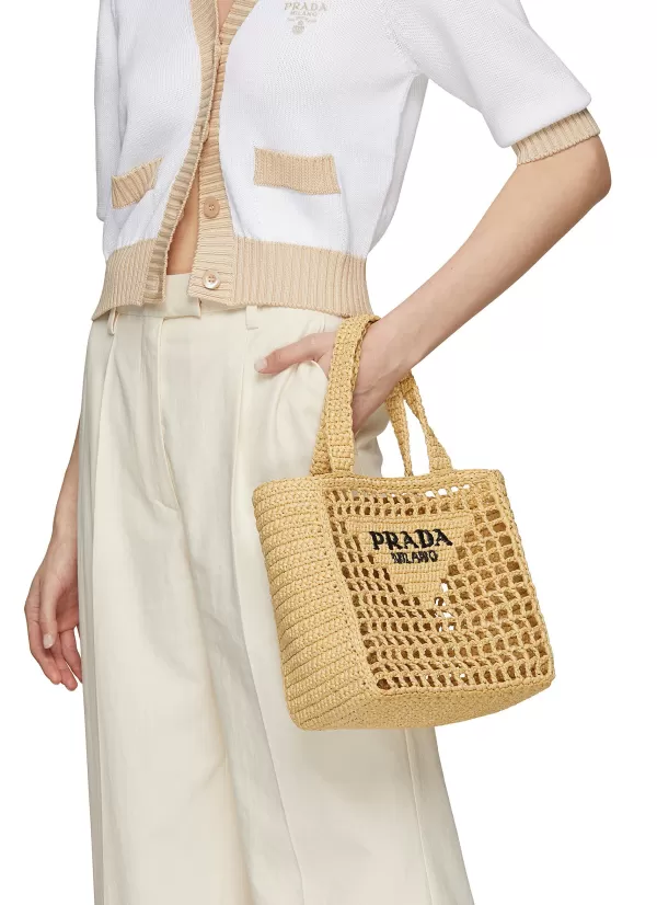 Tote Bags>PRADA Small Triangular Logo Raffia Tote Bag