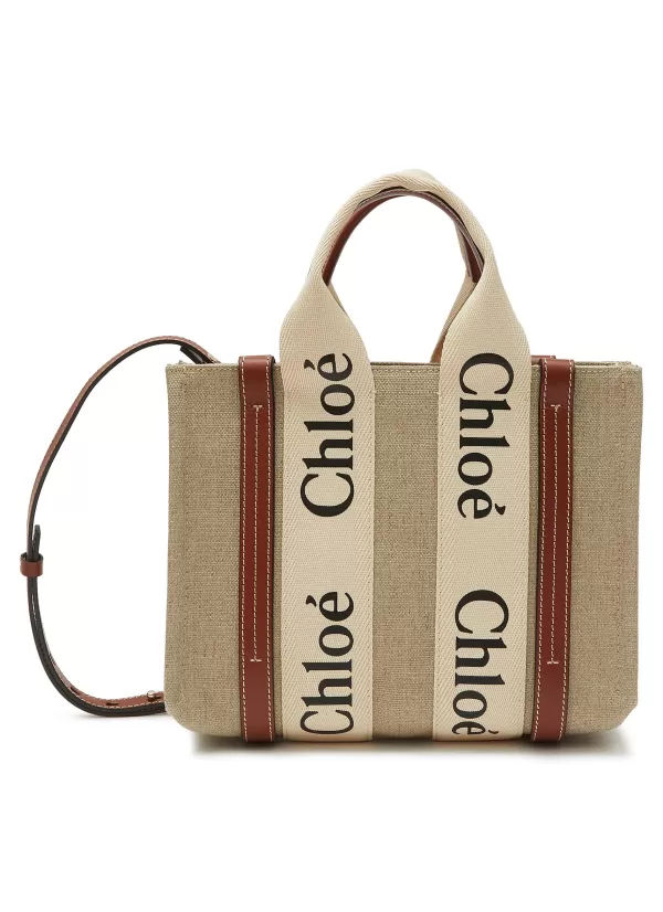 Tote Bags>CHLOÉ Small 'Woody' Eco Linen Canvas Tote Bag