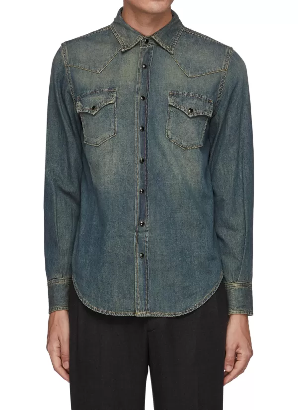 Shirts>SAINT LAURENT Snap Buttoned Western Denim Shirt