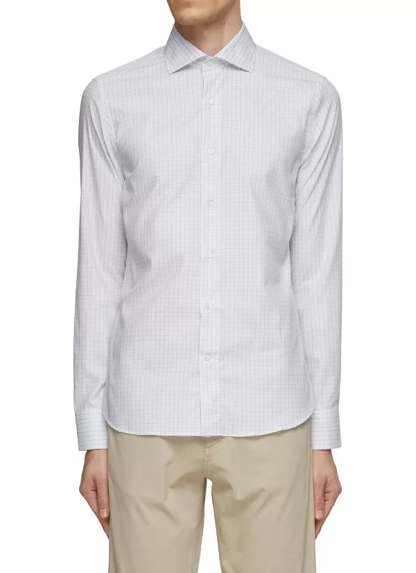 Shirts>CANALI Spread Collar Check Cotton Shirt