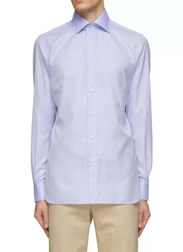 Shirts>LUIGI BORRELLI NAPOLI Spread Collar Cotton Twill Shirt