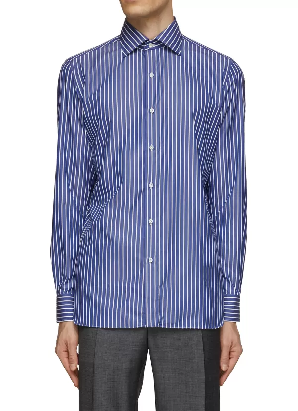 Shirts>LUIGI BORRELLI NAPOLI Spread Collar Striped Cotton Shirt