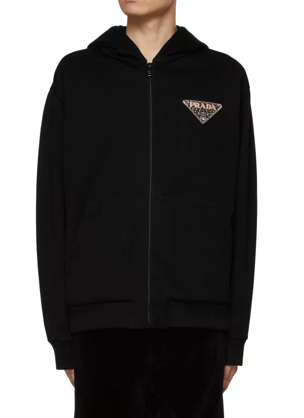 Pullovers & Hoodies>PRADA Stone Embellished Triangular Logo Zip Up Hoodie