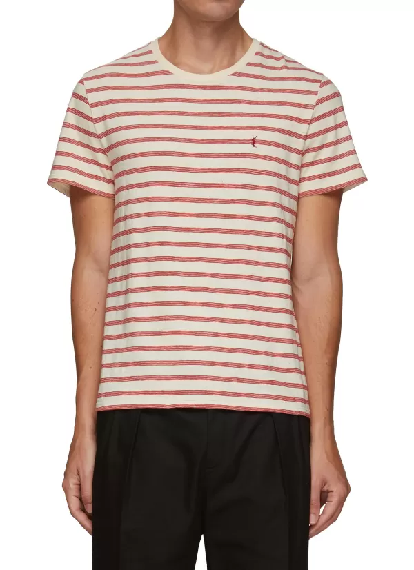 T-Shirts>SAINT LAURENT Stripe Logo Print Cotton Shirt