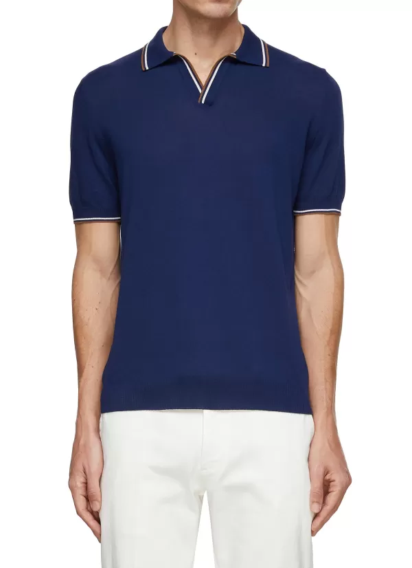 Polos>EQUIL Stripe Trim Buttonless Polo Shirt