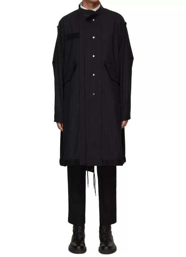 Coats>SACAI Striped Band Collar Long Blouson