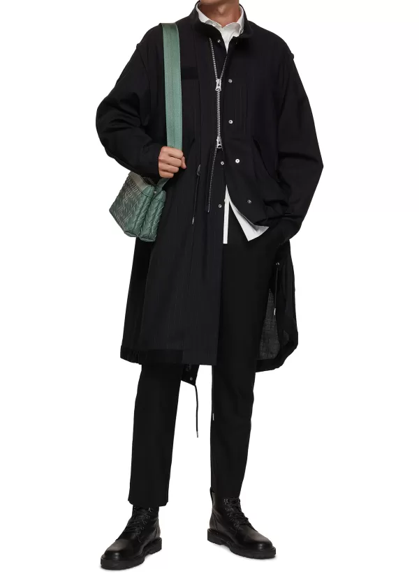 Coats>SACAI Striped Band Collar Long Blouson