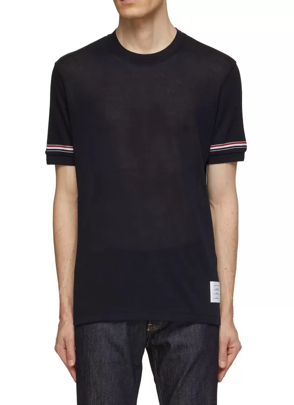 T-Shirts>THOM BROWNE Striped Sleeve Trim T-Shirt