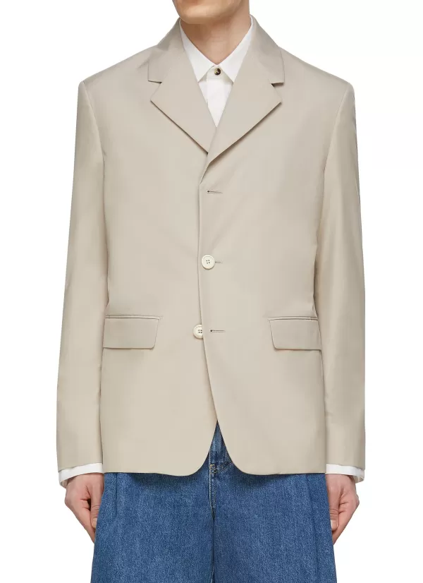 Suits>PRADA Textured Logo Cotton Blend Single Breasted Blazer