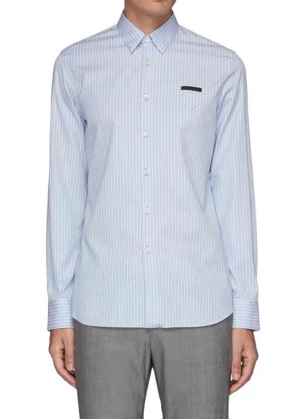 Shirts>PRADA Tonal Triangular Patch Striped Cotton Shirt