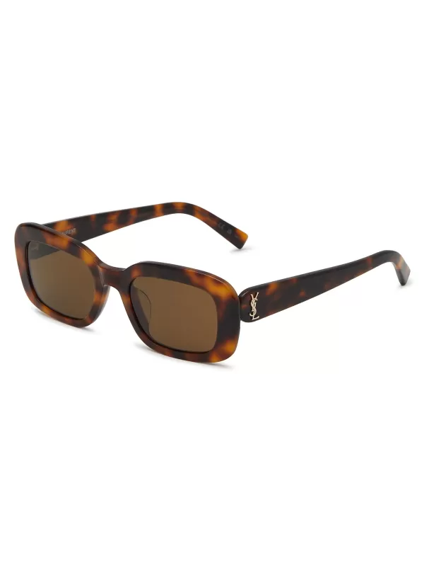 Eyewear>SAINT LAURENT Tortoiseshel-Effect Acetate Rectangle Sunglasses