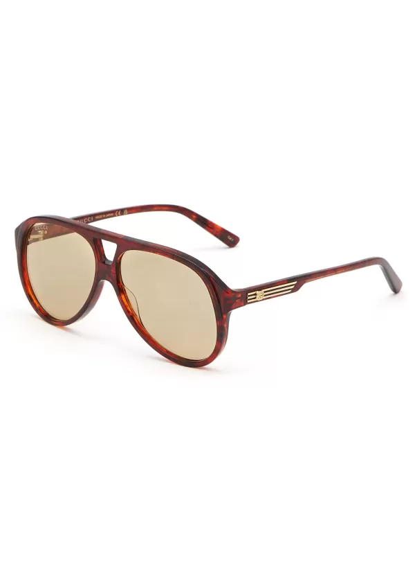 Eyewear>GUCCI Tortoiseshell Effect Acetate Aviator Sunglasses