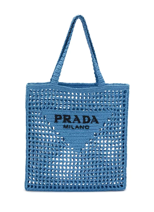 Tote Bags>PRADA Triangular Logo Raffia Tote Bag