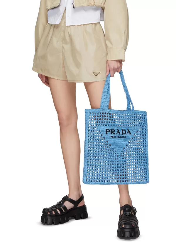 Tote Bags>PRADA Triangular Logo Raffia Tote Bag