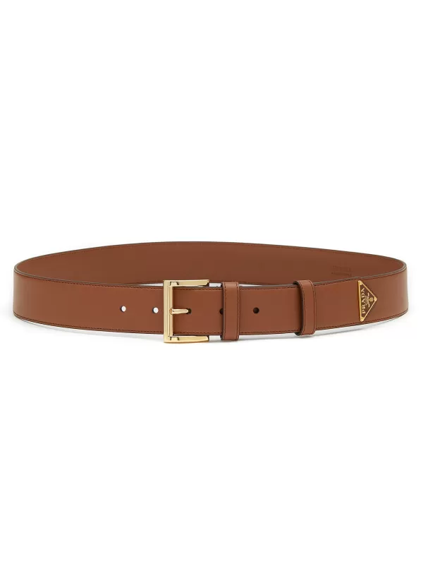 Belts>PRADA Triangular Metal Logo Leather Belt