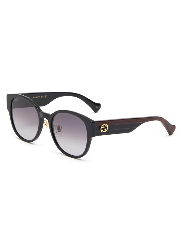 Eyewear>GUCCI Tricoloured Temple Acetate Round Sunglasses