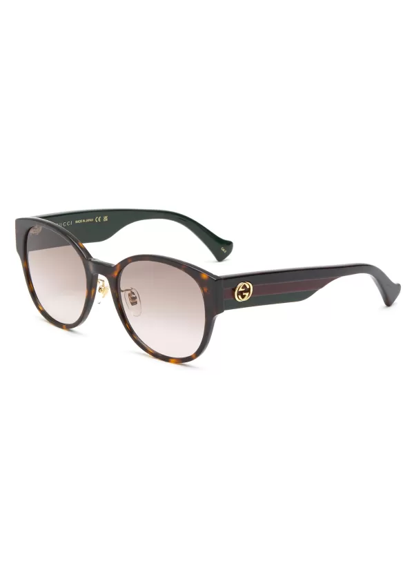 Eyewear>GUCCI Tricoloured Temple Tortoiseshell Effect Acetate Round Sunglasses