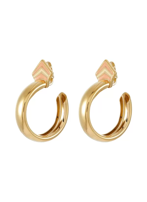 Vintage Accessories>* Trifari Gold Tone Peach Ivory Enamel Front Facing Hoops Clip On Earrings