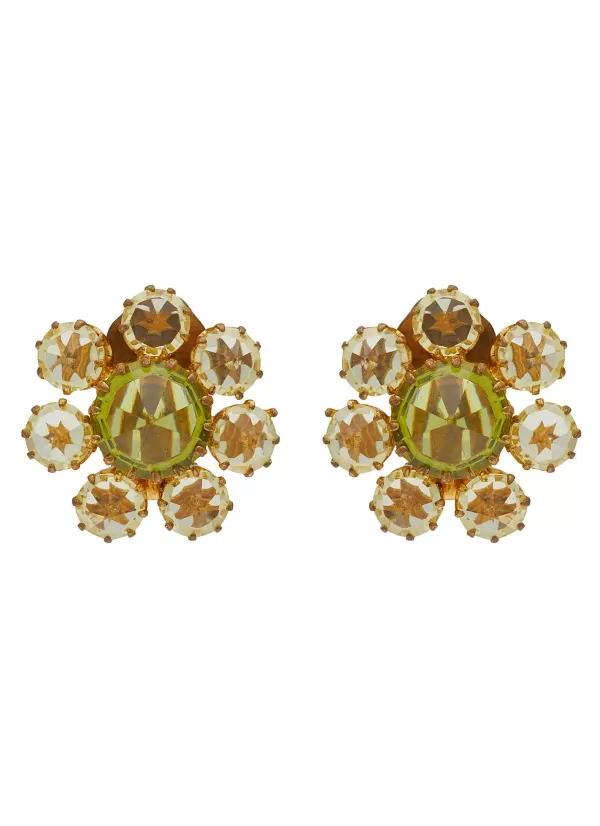 Vintage Accessories>* Unsigned Gold Tone Amber Crystals Chartreuse Diamante Clip On Earrings
