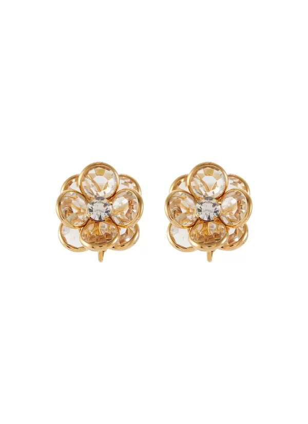 Vintage Accessories>* Unsigned Gold Tone Crystal Diamante Flower Clip On Earrings