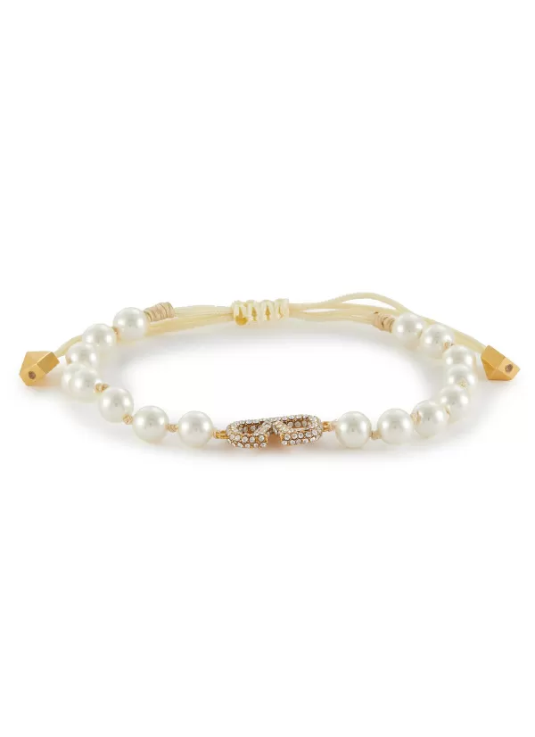 Fashion Jewellery>VALENTINO Vlogo Swarovski Crystal & Pearl Brass Bracelet