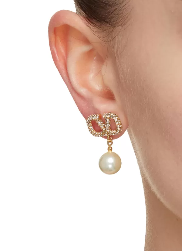 Fashion Jewellery>VALENTINO Vlogo Swarovski Crystal & Pearl Brass Earrings