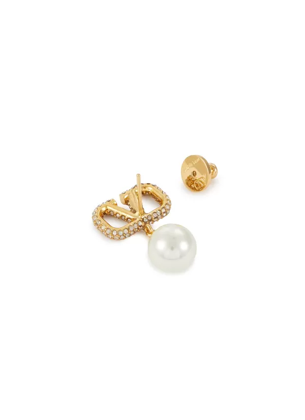 Fashion Jewellery>VALENTINO Vlogo Swarovski Crystal & Pearl Brass Earrings