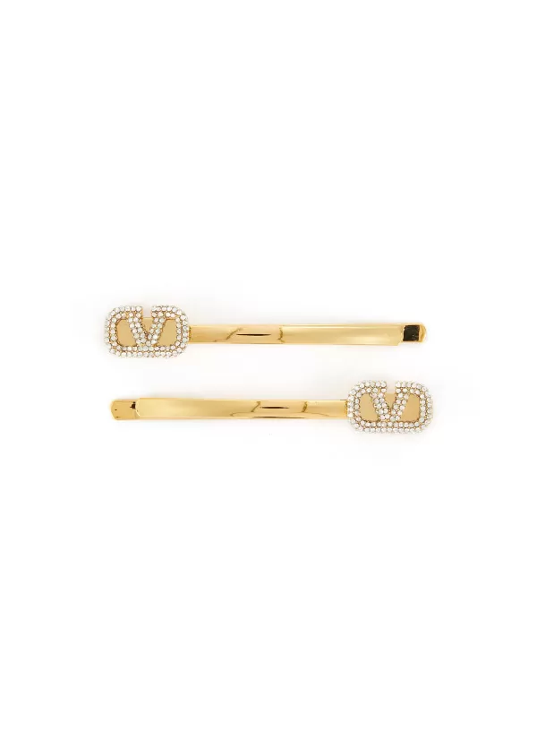 Hats & Gloves>VALENTINO Vlogo Swarovski Crystal Brass Hair Clips