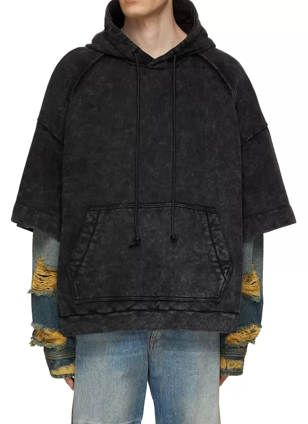 Pullovers & Hoodies>JUUN.J Washed Embroidered Hoodie With Layered Denim Sleeves