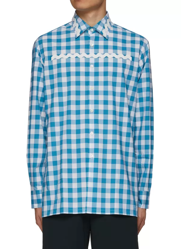 Shirts>PRADA Wavy Line Applique Gingham Check Cotton Shirt