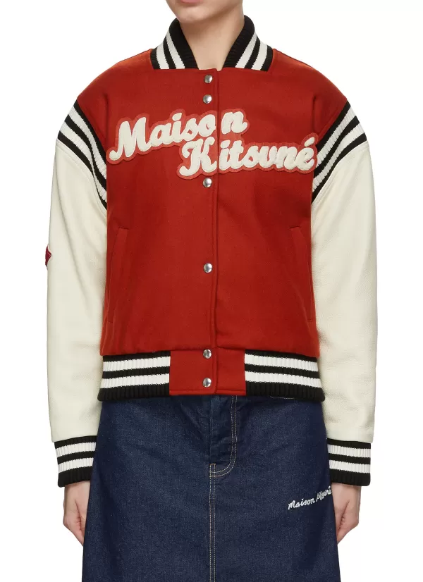 Jackets>KITSUNE Wool Felt Varsity Jacket With Leather Sleeves