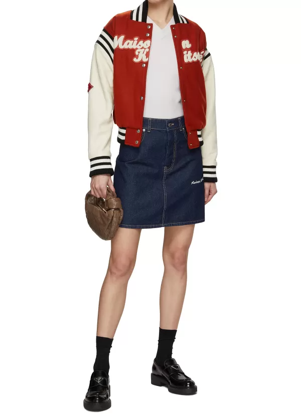 Jackets>KITSUNE Wool Felt Varsity Jacket With Leather Sleeves