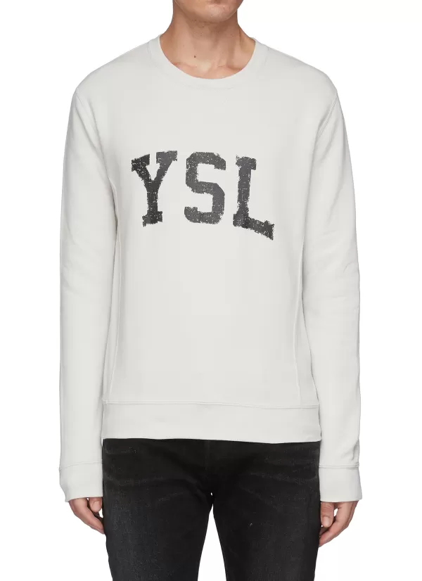 Pullovers & Hoodies>SAINT LAURENT Ysl Logo Print Cotton Crewneck Sweatshirt